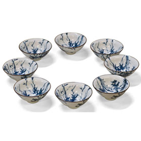 Blue & White Bamboo Motif Chinese Porcelain Tea Cups