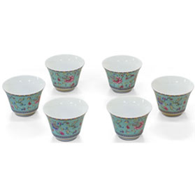 Light Teal Porcelain Chinese Floral Tea Cup Set with Gift Box