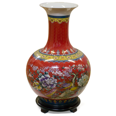 Red Flower and Birds Chinese Porcelain Temple Vase