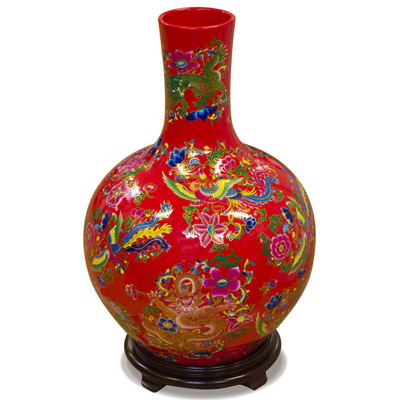 Red Dragon and Phoenix Imperial Chinese Porcelain Temple Vase