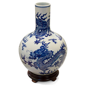 Blue and White Dragon Motif Chinese Porcelain Temple Vase