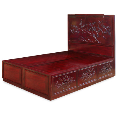 Dark Cherry Rosewood Flower and Bird Full Size Chinese Platform Bed with Drawers