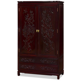 Dark Cherry Rosewood Flower and Bird Chinese Armoire