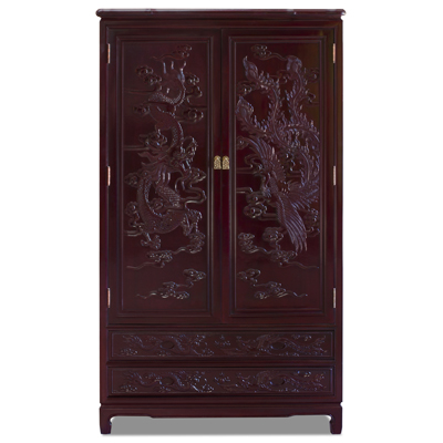 Dark Cherry Rosewood Dragon and Phoenix Chinese Armoire