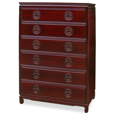 Dark Cherry Rosewood Chinese Longevity High Chest of Drawers