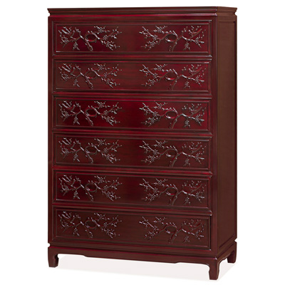 Dark Cherry Rosewood Flower and Bird Chinese High Chest of Drawers