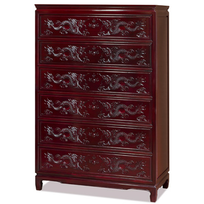 Dark Cherry Rosewood Dragon High Chinese Chest of Drawers