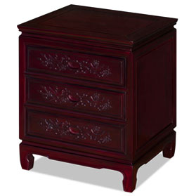 Dark Cherry Rosewood Flower and Bird Motif Oriental Nightstand