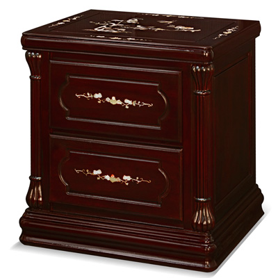 Dark Cherry Rosewood Mother of Pearl Inlay Chinese Nightstand