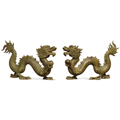 Large Bronze Flying Dragon Oriental Statue Set