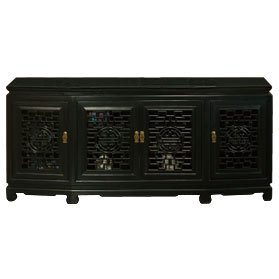 Black Elmwood Chinese Longevity Sideboard with Geometric Lattice Doors