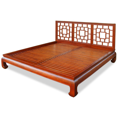 Honey Elmwood Ming King Size Chinese Platform Bed with Lattice Headboard