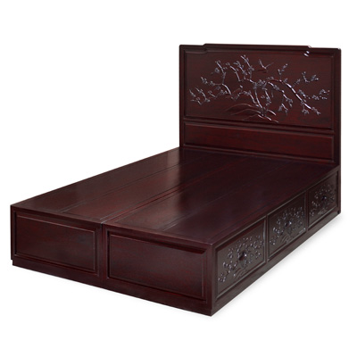 Dark Cherry Elmwood Flower and Bird Queen Size Oriental Platform Bed with Drawers