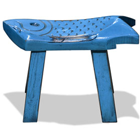 Hand Carved Distressed Blue Wooden Carp Asian Stool