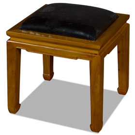 Natural Finish Elmwood Chinese Ming Bench with Black Silk Cushion