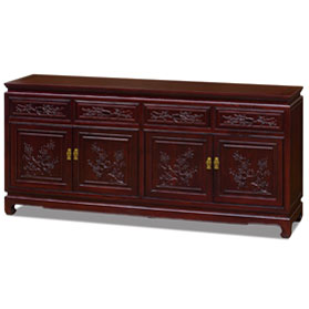 Dark Cherry Elmwood Bird and Flower Motif Oriental Sideboard