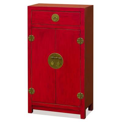 Slim Distressed Red Elmwood Chinese Ming Cabinet