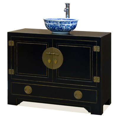 Distressed Black Elmwood Chinese Ming Vanity Cabinet