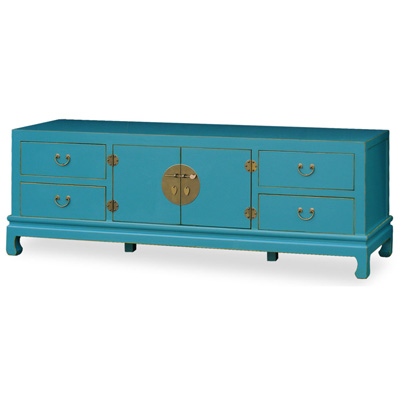 Distressed Blue Elmwood Chinese Kang Media Cabinet