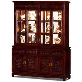 Dark Cherry Elmwood Bird and Flower Oriental China Cabinet