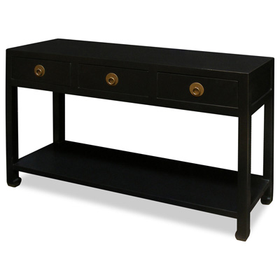 Matte Black Elmwood Chinese Ming Console Table with 3 Drawers and Shelf