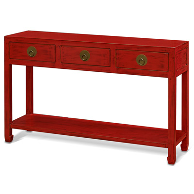 Distressed Red Elmwood Chinese Ming Console Table  with 3 Drawers and Shelf