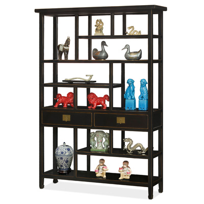 Distressed Black Elmwood Asian Curio Display Bookshelf