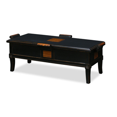 Distressed Black Elmwood Zhou Yi Rectangular Asian Coffee Table