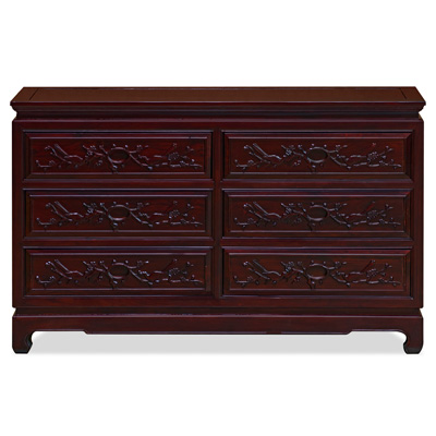 Dark Cherry Elmwood Flower and Bird Motif Oriental Chest of Drawers