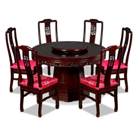 Dark Cherry Elmwood Flower and Bird Round Oriental Dining Set with 6 Chairs