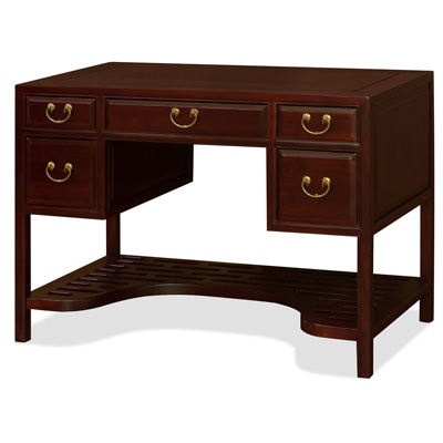 Dark Cherry Elmwood Chinese Ming Desk with 5 Drawers