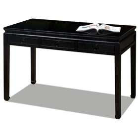 Matte Black Elmwood Chinese Longevity Desk with 3 Drawers