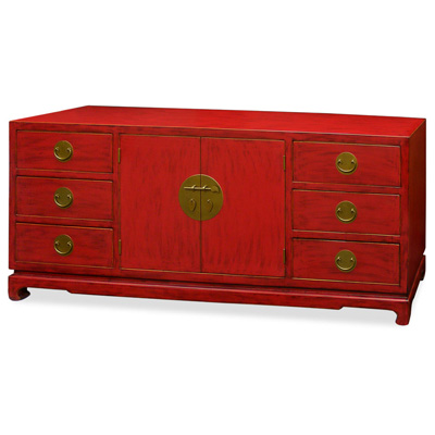 Distressed Red Elmwood Chinese Ming Sideboard