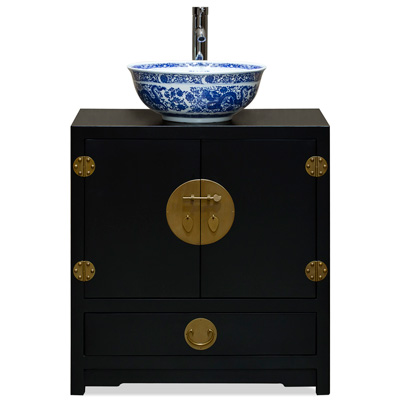 Matte Black Elmwood Chinese Ming Vanity Cabinet