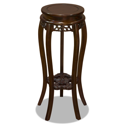 Mahogany Finish Elmwood Flower Motif Oriental Pedestal with Flower Base