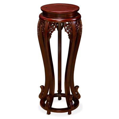 Mahogany Finish Elmwood Flower Motif Oriental Pedestal