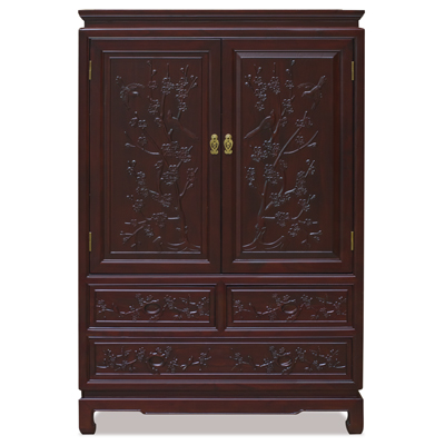 Dark Cherry Elmwood Bird and Flower Motif Oriental Armoire