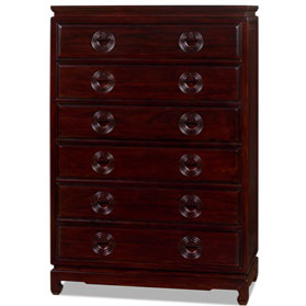 Dark Cherry Elmwood Chinese Longevity High Chest of Drawers