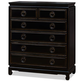 Distressed Black Elmwood Chinese Longevity High Chest of Drawers