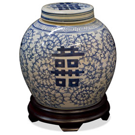 Blue and White Porcelain Chinese Double Happiness Jar