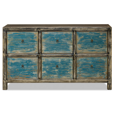 Distressed Oriental Elmwood Ming File Cabinet with Powder Blue Drawers