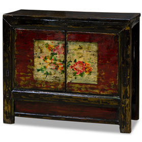 Elmwood Red Peony Motif Mongolian Cabinet