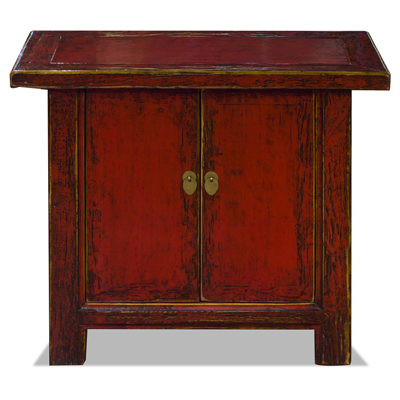 Distressed Red Elmwood Chinese Mandarin Cabinet