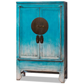 Distressed Sky Blue Elmwood Chinese Ming Wedding Armoire