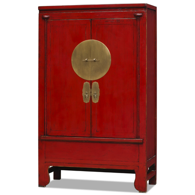 Distressed Red Elmwood Chinese Ming Wedding Armoire