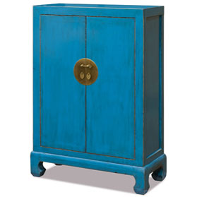 Distressed Turquoise Elmwood Chinese Ming Cabinet