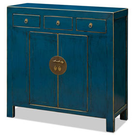 Distressed Aqua Blue Elmwood Ming Style Asian Sideboard