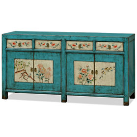 Hand Painted Distressed Aqua Blue Flower and Bird Elmwood Tibetan Sideboard