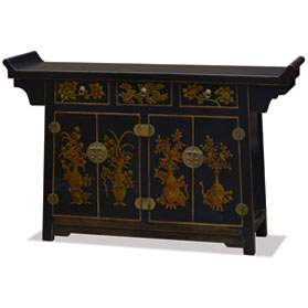 Distressed Black Flower Motif Asian Altar Cabinet