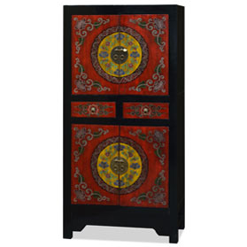 Red and Black Elmwood Flower Motif Tibetan Tall Cabinet